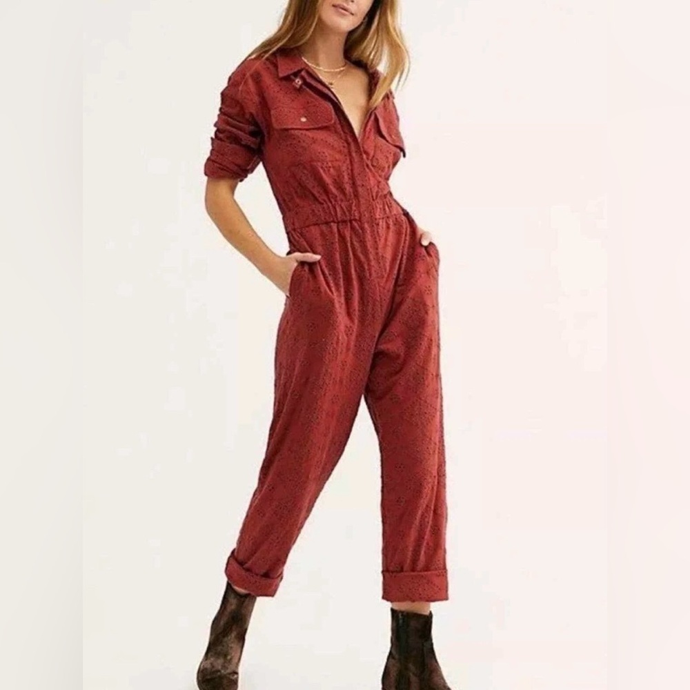Free People Set The Tone Eyelet Jumpsuit in Rust Combo